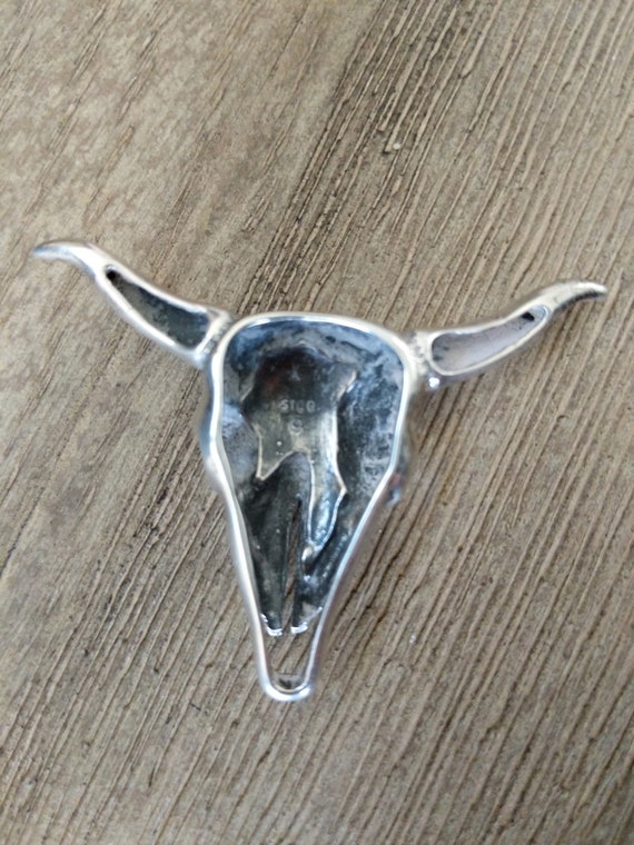 Vintage Cow Skull Pendant Sterling Silver and  Tu… - image 7
