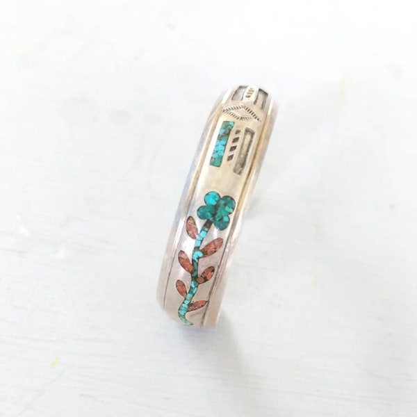 Missing Turquoise Stone / Nakai Navajo Southwestern Floral Vintage Cuff Bracelet / Native American Jewelry with Flowers / Gifts For Her