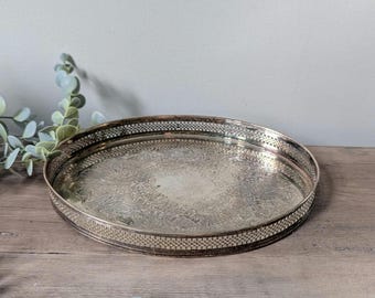 Vintage Silver Tray / 9.5" Ornate Etched Round Small Oval Serving Platter / English silver-plated gallery tray by Roberts & Dore Ltd