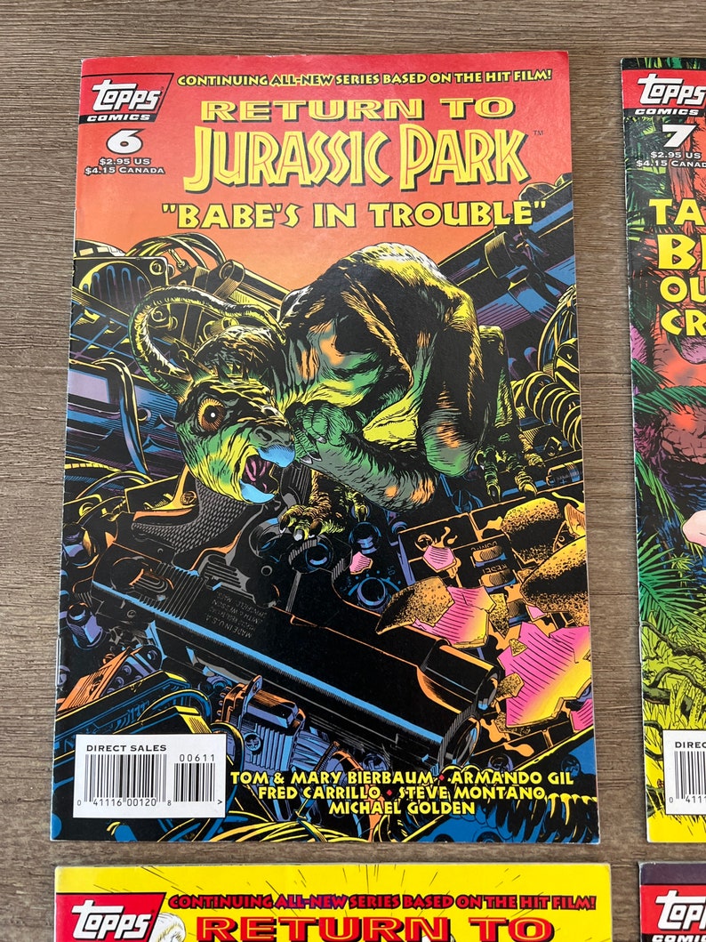May include: A comic book cover featuring a green dinosaur with yellow stripes attacking a car. The comic book is titled "Return to Jurassic Park" and the issue number is 6. The tagline is "Babe's in Trouble".