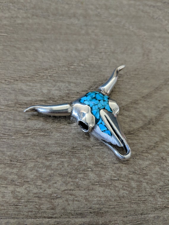 Vintage Cow Skull Pendant Sterling Silver and  Tu… - image 3