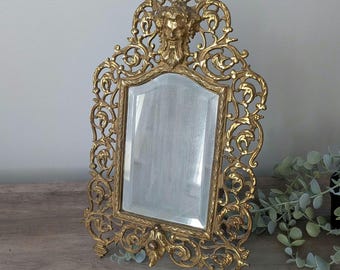 Antique Gold Bradley & Hubbard Victorian Bacchus Beveled Mirror / Dionysus Easel and Wall Mirror