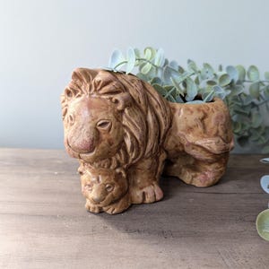 May include: A brown ceramic lion planter with a cub. The planter has a textured surface and is filled with green foliage. The lion's mane and facial features are detailed. The planter is a decorative item for home decor.
