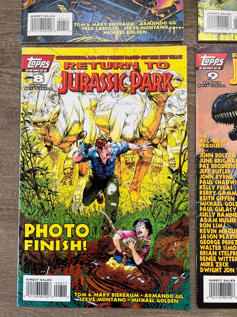 May include: A comic book cover featuring a green dinosaur with a red stripe on its back. The title of the comic is "Return to Jurassic Park" and the issue number is 9. The comic is published by Topps Comics.