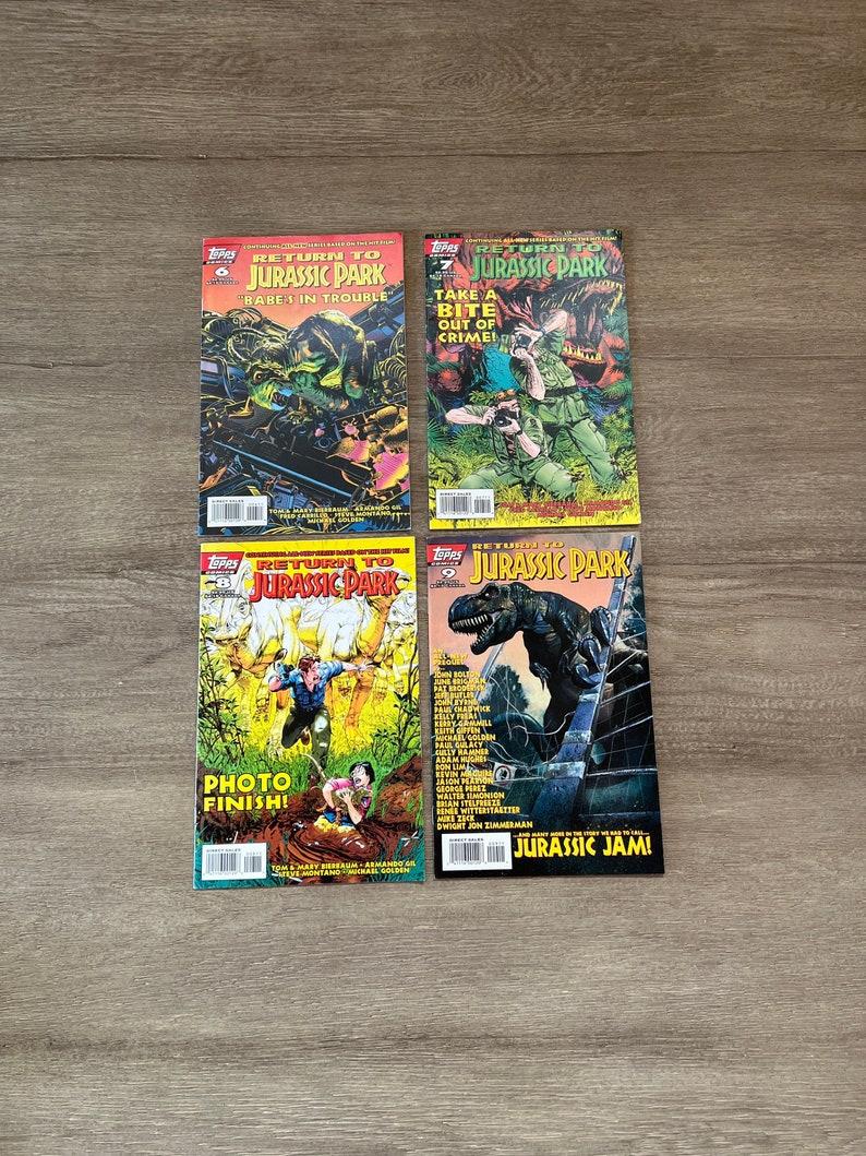 May include: Four comic books featuring the Jurassic Park franchise. The covers feature various characters and dinosaurs from the movie series. The titles of the comics are "Return to Jurassic Park: Babes in Trouble", "Return to Jurassic Park: Take a Bite Out of Crime", "Return to Jurassic Park: Photo Finish!" and "Return to Jurassic Park: Jurassic Jam!"