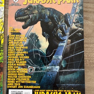 May include: A comic book cover featuring a green Tyrannosaurus Rex dinosaur with a yellow background. The title of the comic book is "Return to Jurassic Park" and the issue number is 9. The comic book cover also includes the text "An All-New Prequel" and "Jurassic Jam!"