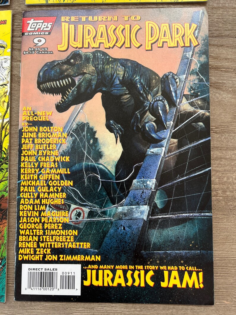 May include: A comic book cover featuring a green Tyrannosaurus Rex dinosaur with a yellow background. The title of the comic book is "Return to Jurassic Park" and the issue number is 9. The comic book cover also includes the text "An All-New Prequel" and "Jurassic Jam!"