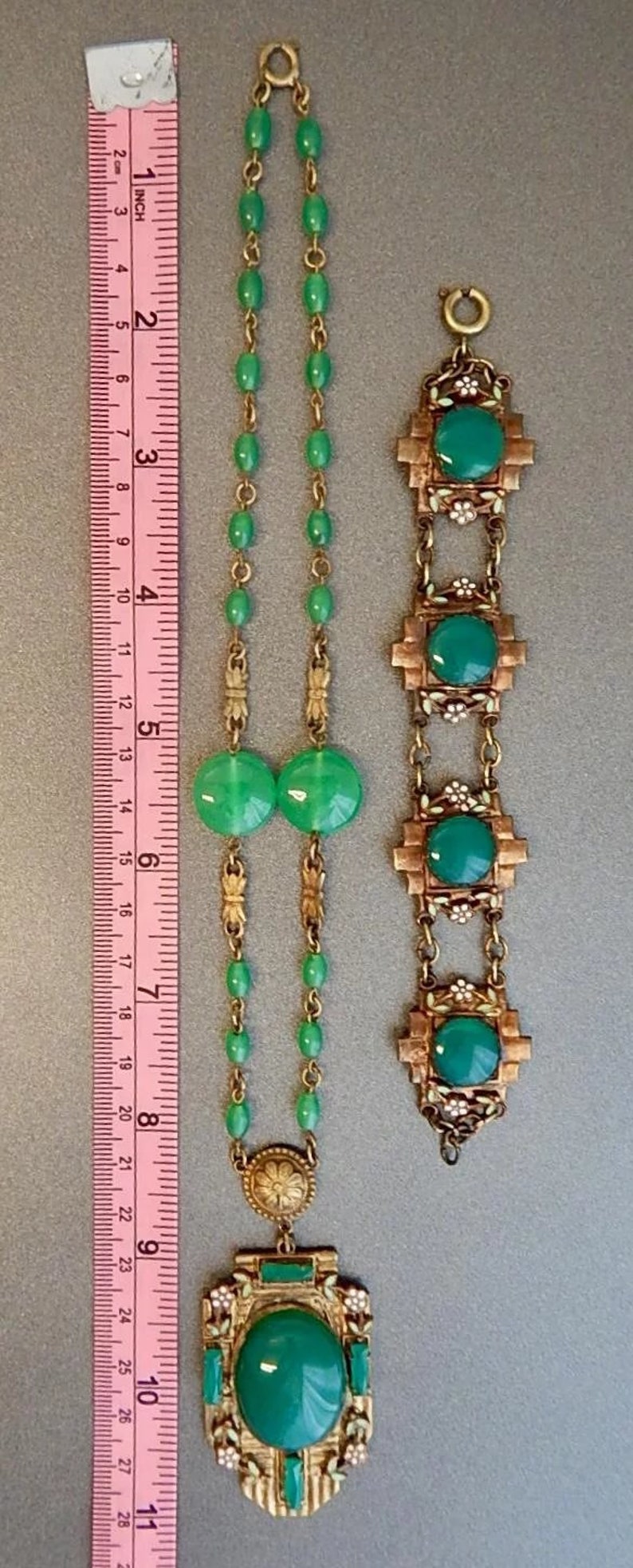 Art Deco Neiger Green Glass and Enamel Necklace and Bracelet Set Czech
