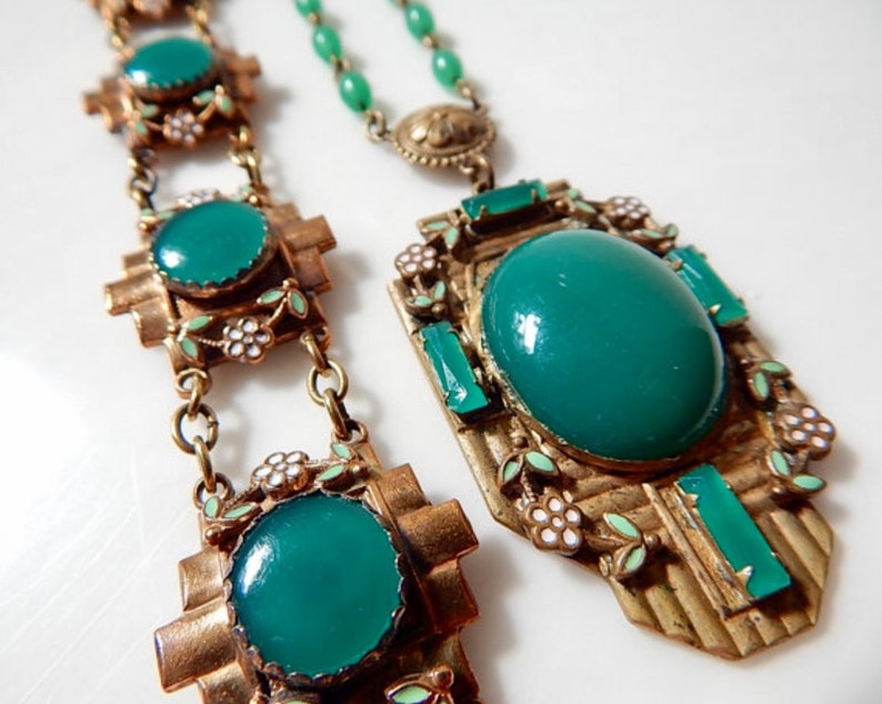 Art Deco Neiger Green Glass and Enamel Necklace and Bracelet Set Czech