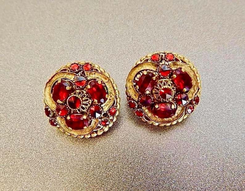 Vintage Czech Bracelet and Earrings Set Reddish Glass Brass Filigree
