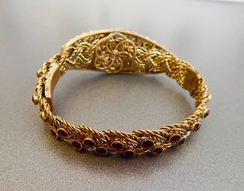 Vintage Czech Bracelet and Earrings Set Reddish Glass Brass Filigree