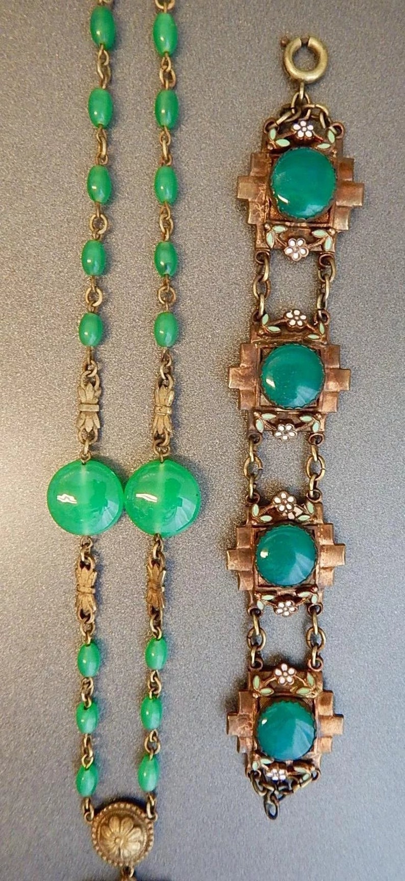 Art Deco Neiger Green Glass and Enamel Necklace and Bracelet Set Czech