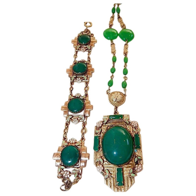 Art Deco Neiger Green Glass and Enamel Necklace and Bracelet Set Czech