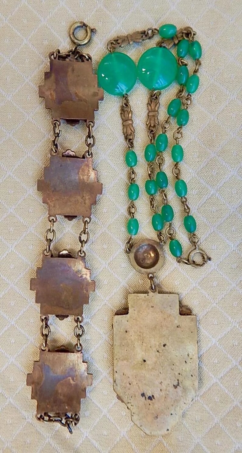 Art Deco Neiger Green Glass and Enamel Necklace and Bracelet Set Czech