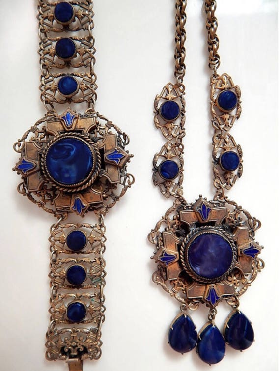 Neiger Czech Art Deco Blue Slag Glass and Brass Filigree | Etsy