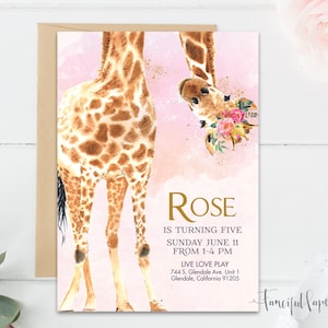 Giraffe Birthday Party Invitation, Giraffe Invite, Magical Birthday Party Invitations, Gold Invite, One Sided Printable Invitation, Flowers