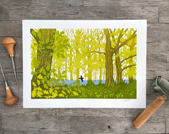 Spring in the Oak Wood: Original, hand printed lino cut artwork by printmaking artist Beth Knight. 20x30cm (8x12inch)