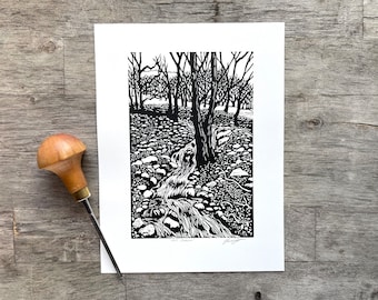 Hill Stream: Original, hand printed lino cut print by printmaking artist Beth Knight. 15 x 20cm (6x8inch).