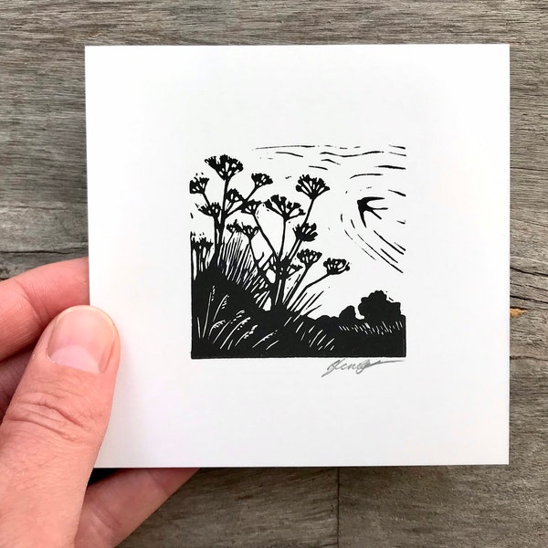 Summer Swallow: Original, hand printed lino cut print by printmaking artist Beth Knight. 10 x 10cm (4x4inch).