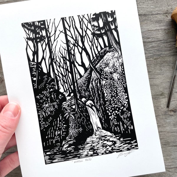 Hidden Falls: Original, hand printed lino cut print by printmaking artist Beth Knight. 15 x 20cm (6x8inch).