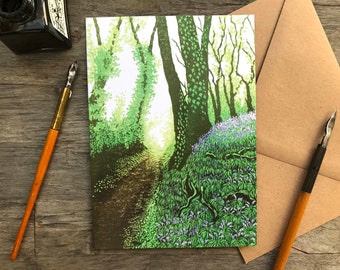 Bluebells greeting card, art card by printmaker Beth Knight. 12.5x18cm. Recycled, plastic free, eco friendly materials.