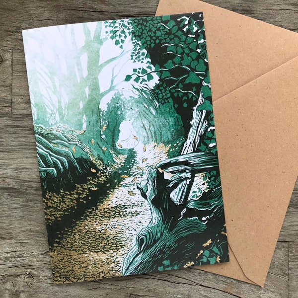 Gypsy Lane greeting card, art card by printmaker Beth Knight. 12.5x18cm. Recycled, plastic free, eco friendly materials.