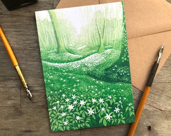 Wood Anemones greeting card, art card by printmaker Beth Knight. 12.5x18cm. Recycled, plastic free, eco friendly materials.