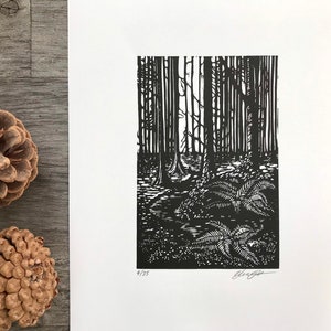 Pine Forest: Original, hand printed lino cut print by printmaking artist Beth Knight. 15 x 20cm (6x8inch).