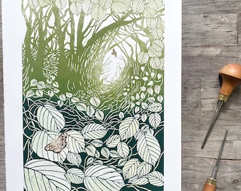 May include: A green and white linocut print of a woodland path with a butterfly in the foreground. The path leads to a bright light in the distance.