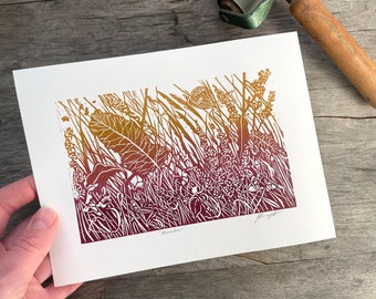 Meadow: Original, hand printed lino cut print by printmaking artist Beth Knight. 15 x 20cm (6x8inch).