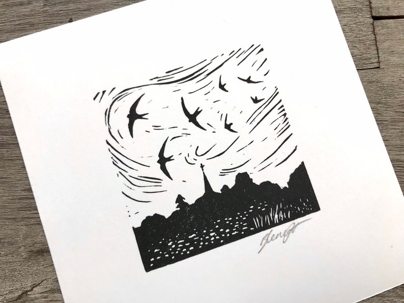 Swifts: Original, hand printed lino cut print by printmaking artist Beth Knight. 10 x 10cm 4x4inch. image 4