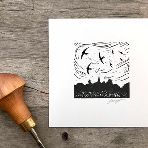 Swifts: Original, hand printed lino cut print by printmaking artist Beth Knight. 10 x 10cm 4x4inch. image 2