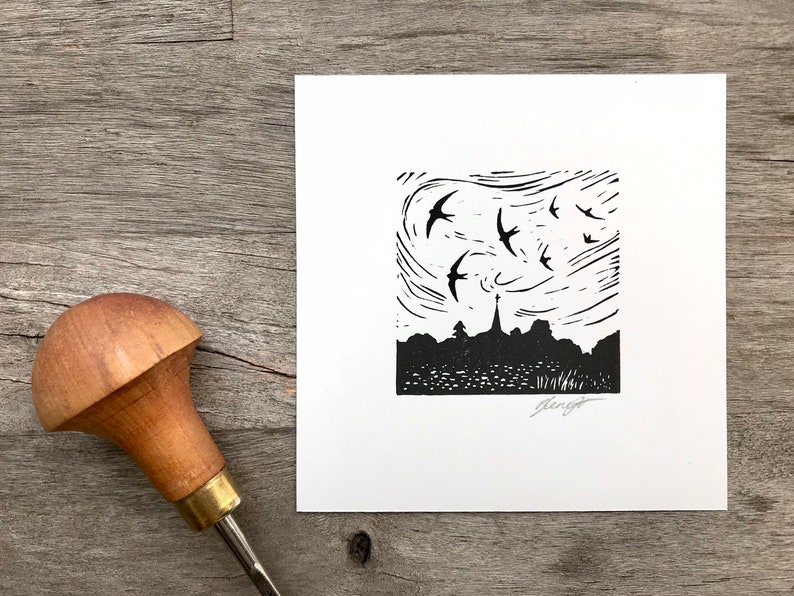 Swifts: Original, hand printed lino cut print by printmaking artist Beth Knight. 10 x 10cm 4x4inch. image 2