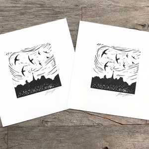 Swifts: Original, hand printed lino cut print by printmaking artist Beth Knight. 10 x 10cm 4x4inch. image 3