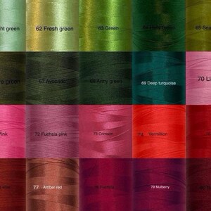 May include: A color chart displaying various shades of thread spools. The spools are arranged in rows, showcasing a range of colors from light green to burgundy. Each spool is labeled with a number and color name, such as "61 Light green" and "70 Light pink."