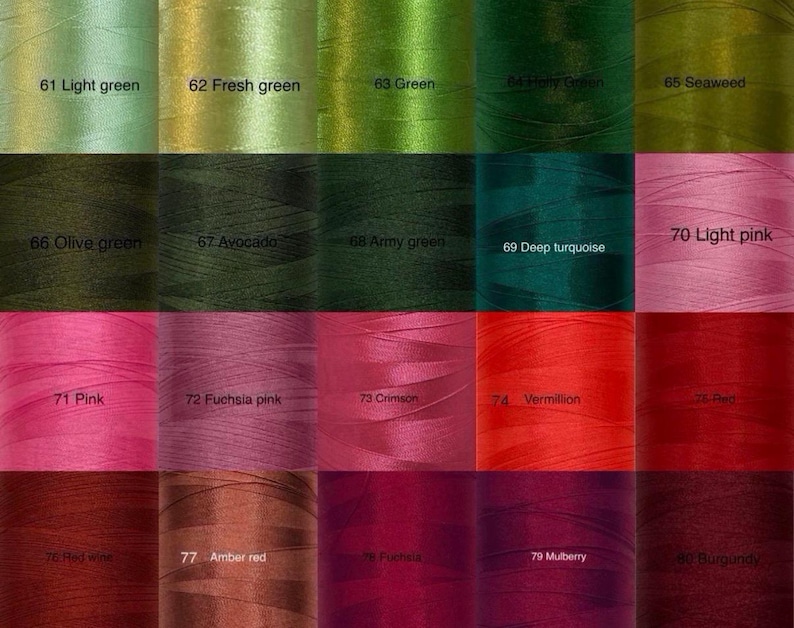 May include: A color chart displaying various shades of thread spools. The spools are arranged in rows, showcasing a range of colors from light green to burgundy. Each spool is labeled with a number and color name, such as "61 Light green" and "70 Light pink."
