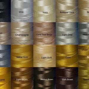 K&ouml;nnte beinhalten: Ein Raster von Garnrollen in verschiedenen Farben, darunter Schwarz, Wei&szlig;, Elfenbein und Gold. Jede Spule ist mit ihrem Farbnamen beschriftet. Weitere Farben sind Beige, Grau und Braun.