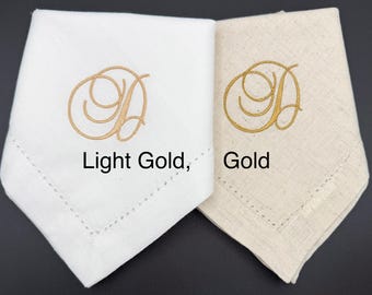 Monogrammed Dinner Napkins, White Or Beige (Natural) Hemstitch Linen-Cotton Blend, Comes in 1/4/6/12