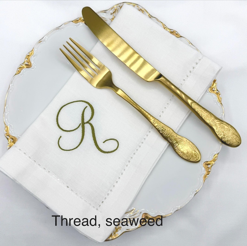 Monogrammed Dinner Napkins, Embroidered, White or Beige (Natural), Linen/Cotton Blend, Hemstitch, Comes 1/4/6/12 image 6
