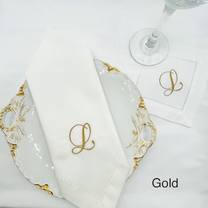 Embroidered Dinner & Cocktail Napkin Set, Monogrammed, Set of 12 or 24, You Choose Thread Color, Letter and Quantity. White Linen,