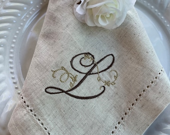 Monogrammed Cotton Linen Dinner Napkins - Set of 6 - Embroidered Hemstitch
