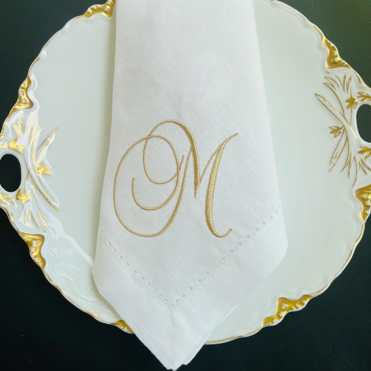 Embroidered Dinner Napkin, Monogrammed 12, White Hemstitch.