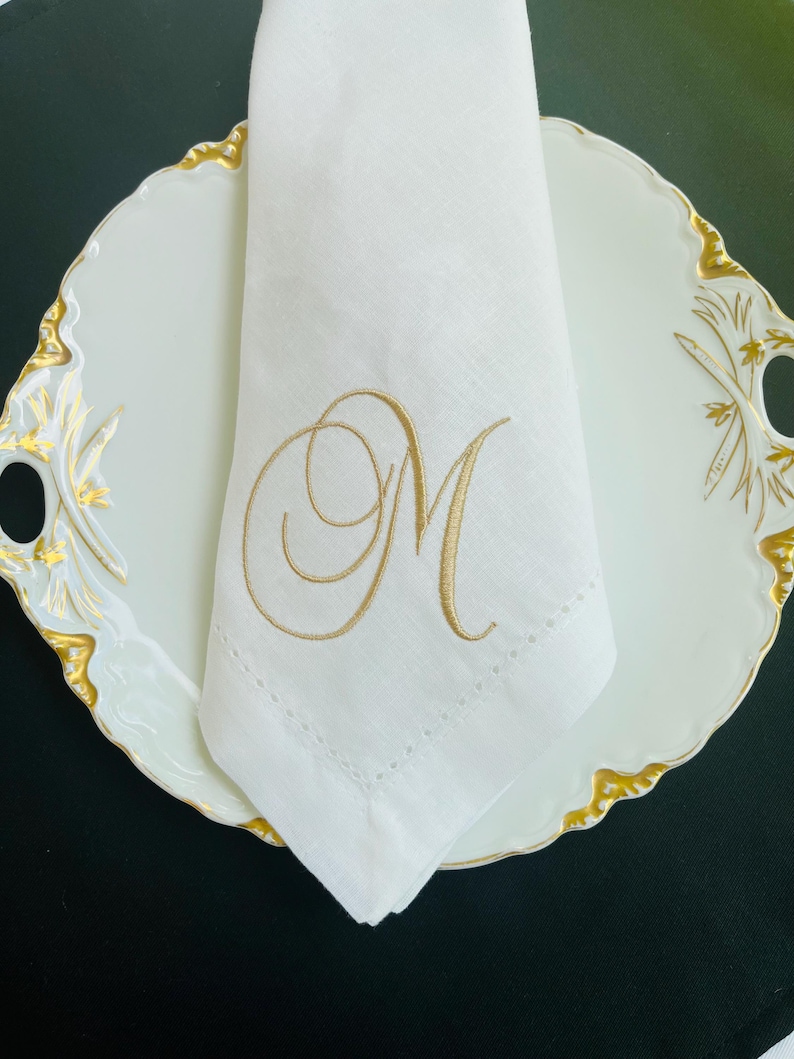 Embroidered Napkins, Monogrammed White Hemstitch Linen-Cotton Blend, Comes in 1/4/6/12