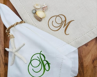 Monogrammed Linen Dinner Napkins, Embroidered, Hemstitch (White or Natural) comes 1/4/6/12