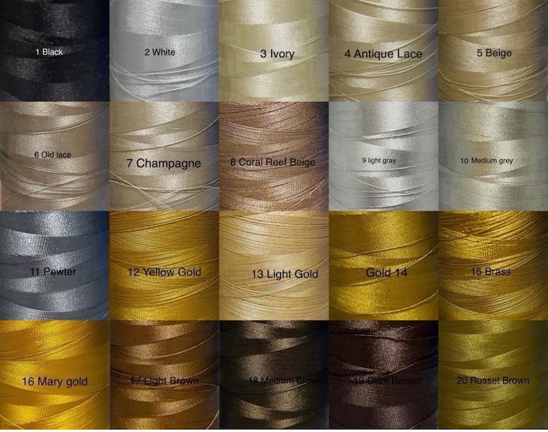 May include: A color chart of spools of thread in various shades. The colors include black, white, ivory, antique lace, beige, old lace, champagne, coral reef beige, light gray, medium grey, pewter, yellow gold, light gold, gold, brass, mary gold, light brown, medium brown, dark brown, and russet brown.