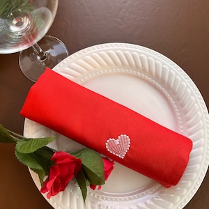 Embroidered Heart Cloth Napkins, Set of 6 - Valentine&#39;s Day Decor