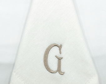 Monogrammed Dinner Napkins, Embroidered Linen Cotton Blend Hemstitch (White/Beige) 1/4/6/12