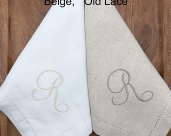 Monogrammed Linen/Cotton Dinner Napkins, Embroidered White or Natural Beige Hemstitch, comes 1/4/6/12