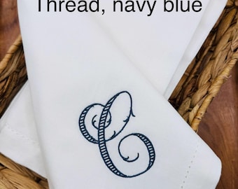 Monogrammed Linen Cotton Dinner Napkins, Embroidered Hemstitch, White or Natural Beige