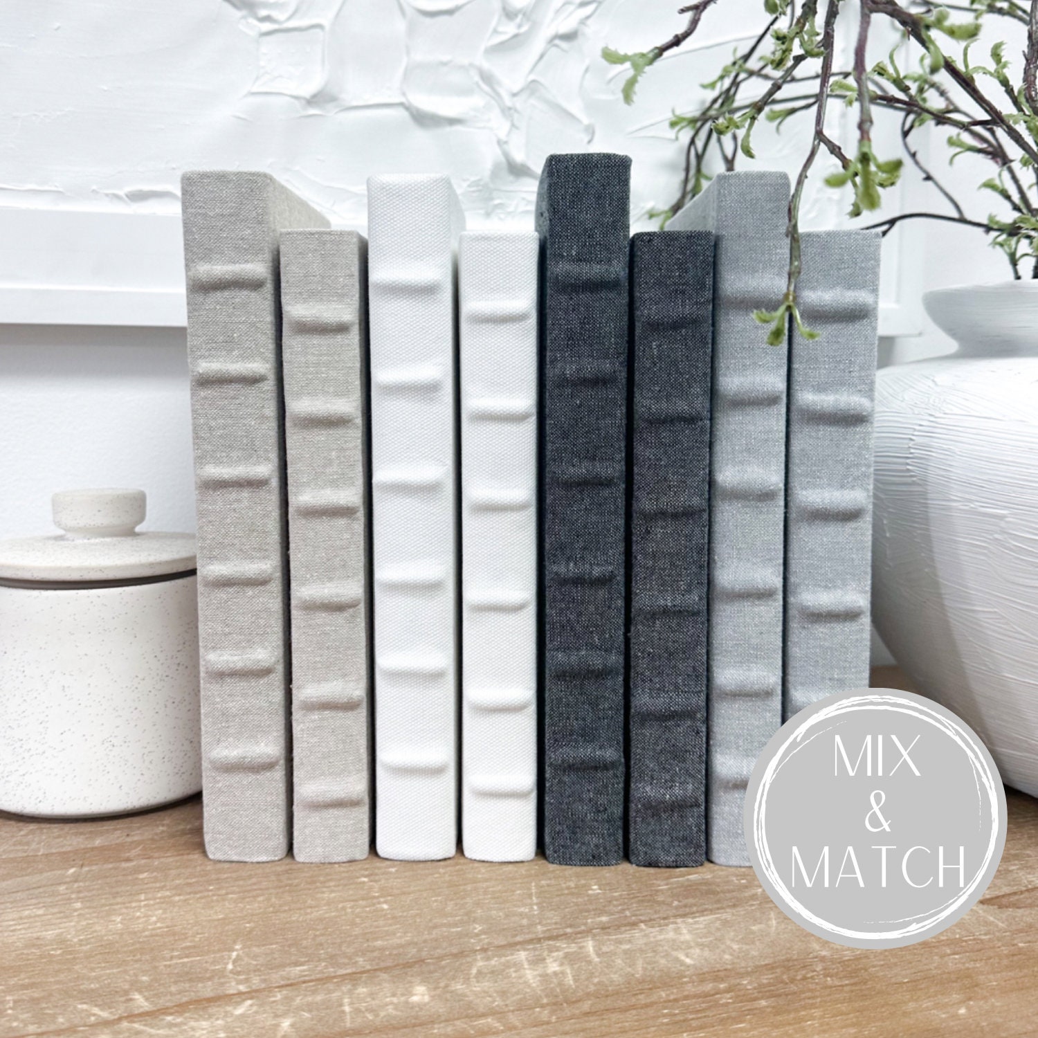 Book Sets for Shelf Decor, Neutral Home Decor, Raised Bands, Neutral Home Decor, Linen Covered Books